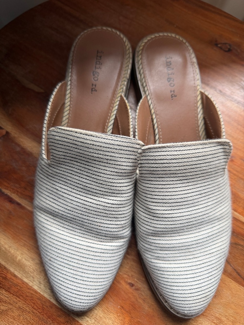 Indigo Stripe-Textured Cream & Black Slip-On Mules